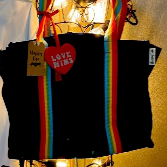 Net denim rainbow tote with attached purse 2 pockets zips closed - Picture 1 of 10